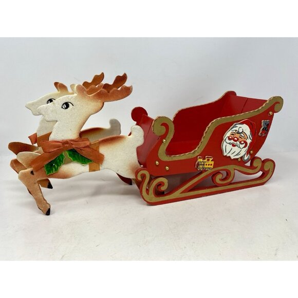 Vintage 1950s Red Wooden Santa Sleigh With Felted Reindeer Japan Folds Flat - Picture 10 of 15